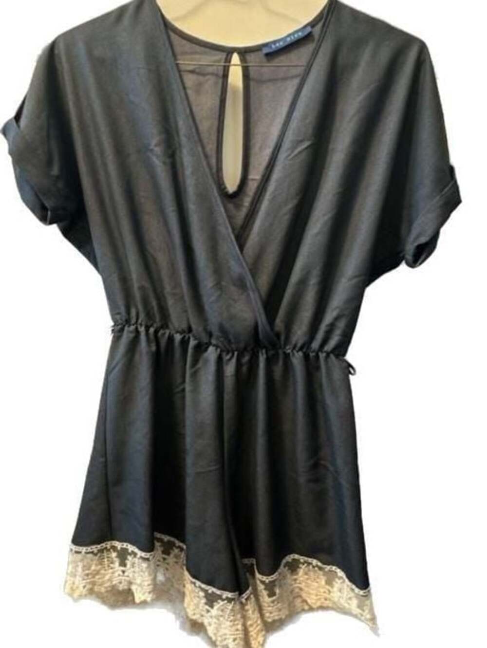 Lac Bleu Navy Blue V-Neck Romper with Lace Hem Detail